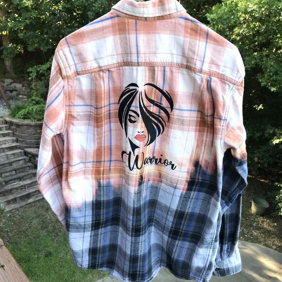 Bleached Flannel Shirt, Size Medium: Upcycled Painted Lady Portrait Warrior - Picture 9 of 12